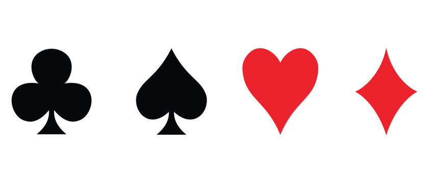 Minimalist flat vector icons of standard playing card suits: black clubs and spades, red hearts and diamonds, isolated on a white background.