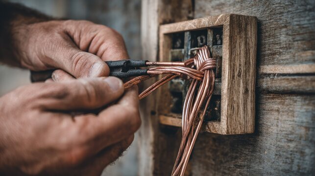 Skilled hands carefully join several bare copper electrical wires within an aged wooden junction point.