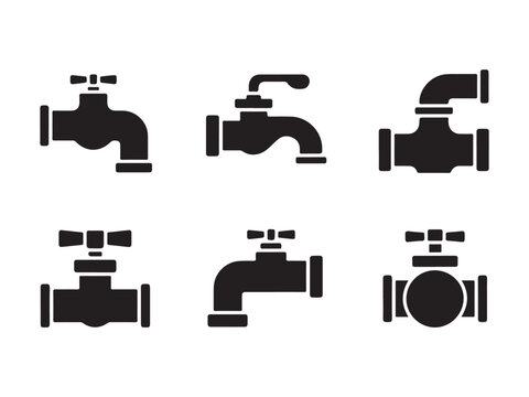 Six black icons of different faucets and valves on white background for plumbing and water supply concepts  various tap designs