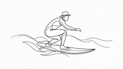 Fototapeta premium Surfer riding ocean wave line art vector minimalist continuous line drawing sports graphic