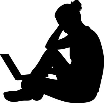 Black silhouette of woman sitting with laptop, frustrated female, computer user, isolated vector
