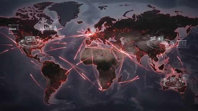 Global Connections and Risks: A stylized world map illustrates interconnectedness and potential dangers with glowing red lines spanning continents, symbolizing global reach and potential threats.