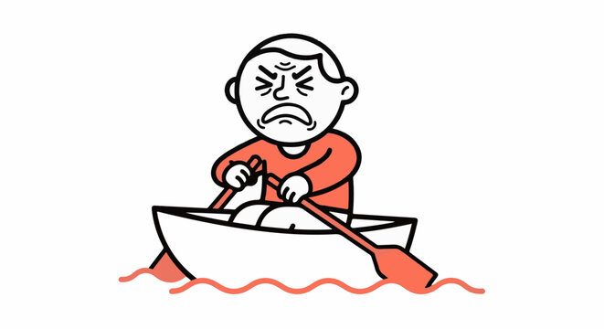 Frustrated cartoon character rowing small boat alone.