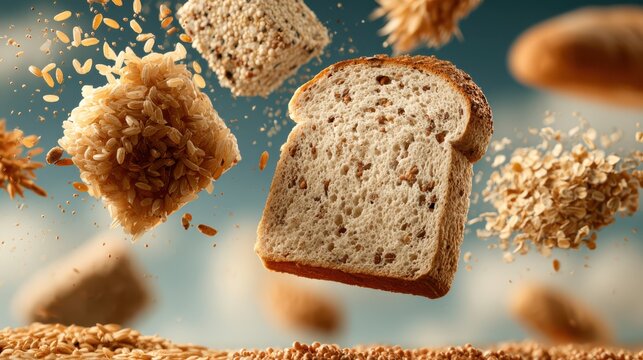 A close-up of multigrain bread slices surrounded by grains and seeds, highlighting the texture and wholesome ingredients in a dynamic, floating composition.