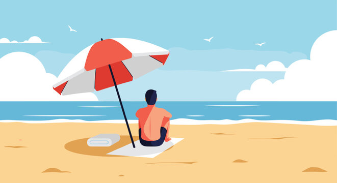 Lone man sitting on a beach towel under a red and white umbrella, looking out at the calm blue ocean under a clear sky with a few clouds.