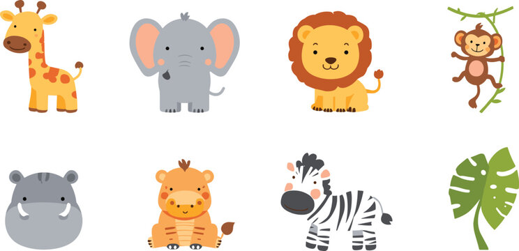 Cute Safari Animal Cartoon Collection Featuring Giraffe Elephant Lion Monkey Hippo Tiger and Zebra with Tropical Jungle Elements Vector Illustration