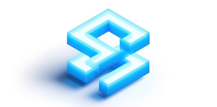 Blue 3d isometric geometric link symbol on white background