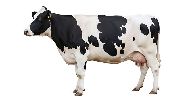 Side view of a black and white holstein dairy cow isolated on white background