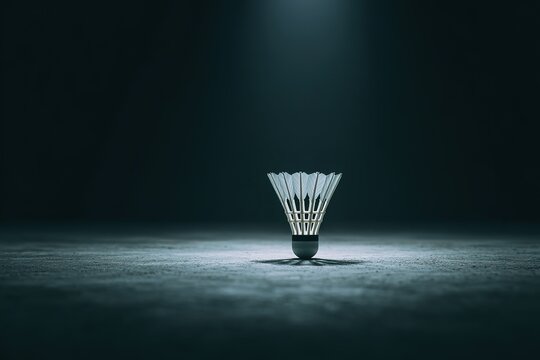 Single shuttlecock standing under a spotlight in a dark space