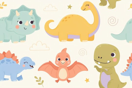 Seamless pattern featuring cute colorful cartoon dinosaurs including triceratops, diplodocus, and pterodactyls on a light beige background