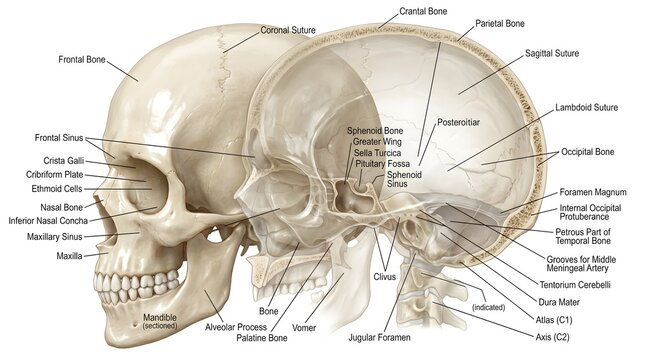 Detailed Lateral and Medial Human Skull Anatomy Illustration Showing Cranial Bones, Facial Bones, Paranasal Sinuses, Sutures, Foramina and Internal Cranial Fossa Landmarks for Dentistry, Neurosurgery,