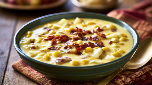 creamy american corn chowder in a rustic bowl