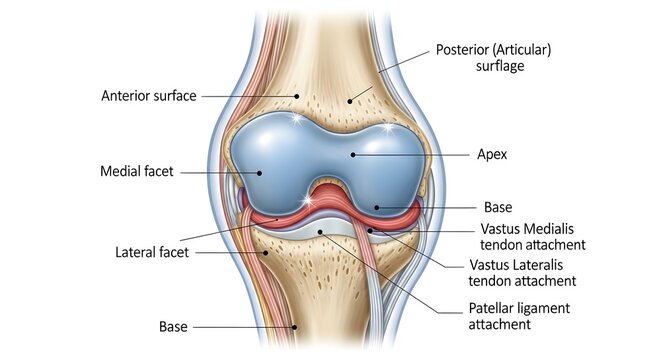 Anterior View Patellofemoral Joint Anatomy Illustration Showing Patella with Medial and Lateral Facets, Articular Cartilage, Apex, Base and Tendon Attachments on the Femur for Orthopedic, Sports Medic