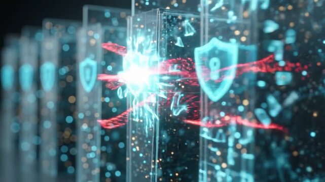 Digital Fortress Under Siege: A red digital virus breaches a series of glowing blue security shields, shattering the protective barriers and signaling a critical system vulnerability.