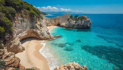 Fototapeta premium Tropical Hidden Beach with Turquoise Water and Rocky Cliffs