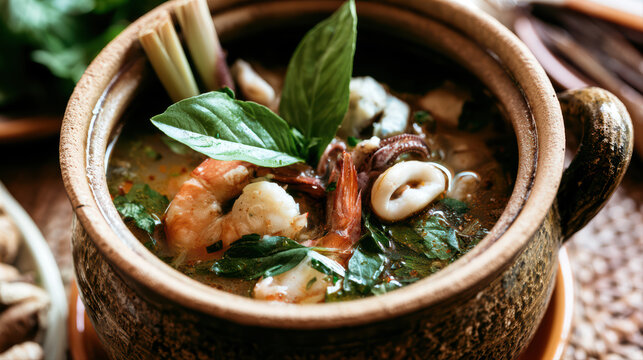 thai spicy mixed seafood soup po tae food photography