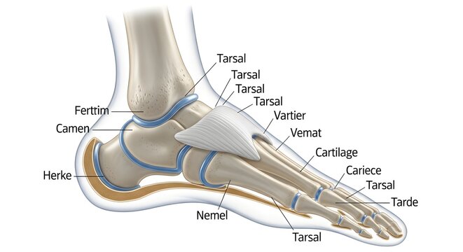 Medial View Human Foot and Ankle Anatomy Illustration Showing Tibia, Talus, Calcaneus, Tarsal Bones, Metatarsals and Strong Ligamentous Support Forming the Longitudinal Arch for Podiatry, Orthopedic a
