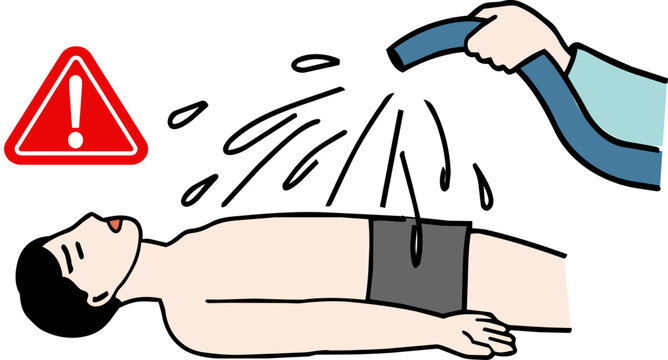 熱中症の応急処置で体に水をかけて冷却する作業員や農家のカラーイラスト