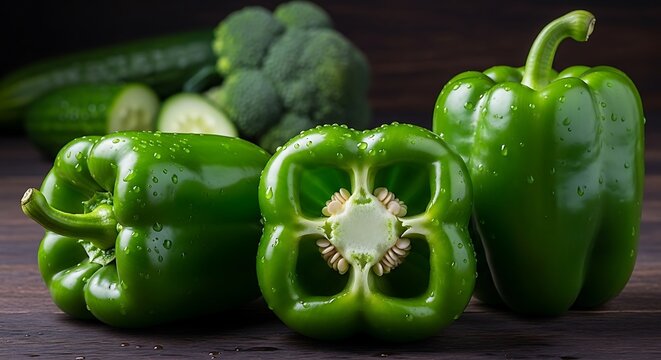 Fresh green bell peppers whole and sliced on dark wooden surface with cucumber