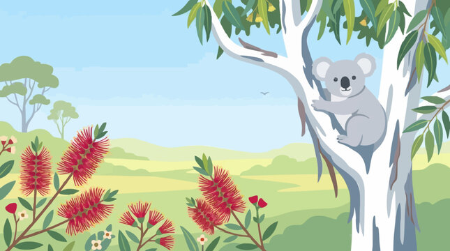 Koala on tree branch with red flowers and green landscape