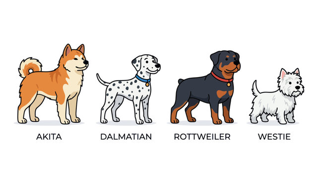 Four cartoon dogs standing side by side.