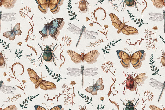 Seamless pattern featuring various insects, including butterflies, dragonflies, and beetles, mixed with dried wildflowers on a cream background