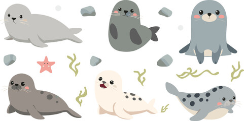 Cute Seal Cartoon Collection Featuring Baby Seals Ocean Wildlife Marine Mammals and Underwater Nature Elements Vector Illustration © Yevhenii creative