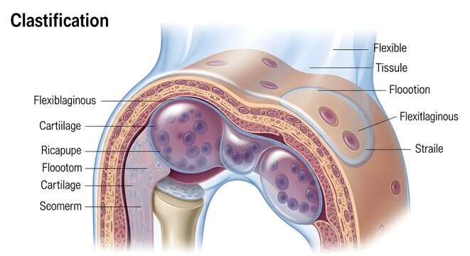 Detailed Cross‑Sectional Human Synovial Joint Illustration Showing Articular Cartilage, Fibrous Capsule, Synovial Membrane and Surrounding Soft Tissues for Study of Joint Classification, Shock Absorpt