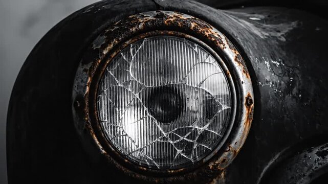 Close-up of a broken vintage car headlight with cracked glass and rusty frame in grayscale
