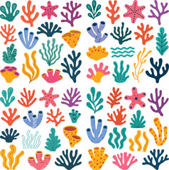 Obraz premium Vibrant collection of diverse underwater coral reefs, sea plants, and starfish in a cheerful cartoon style illustration set