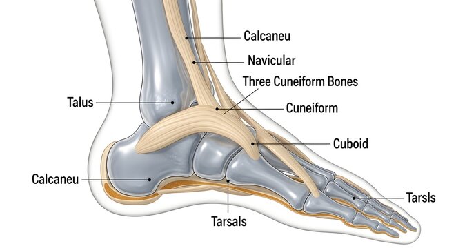 Medial View Human Foot and Ankle Skeletal Anatomy Diagram Showing Talus, Calcaneus, Navicular, Cuboid and Three Cuneiform Bones Forming the Tarsus and Arches for Podiatry, Orthopedic and Biomechanics 