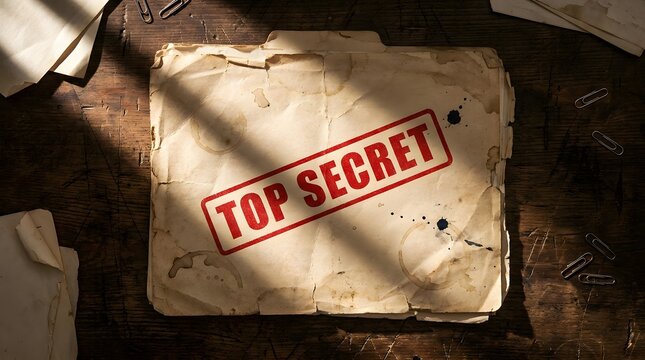 Top Secret Stamped Old File Folder on Wooden Desk