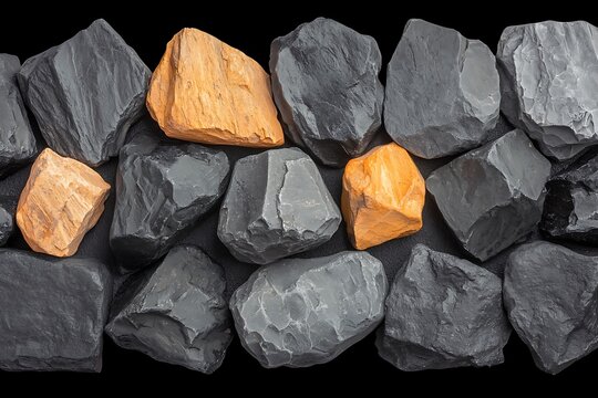 Closeup view of textured gray and orange natural rough stone rocks arranged in pattern on black surface