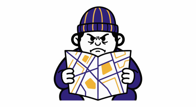 Angry cartoon gorilla studying colorful map intently.