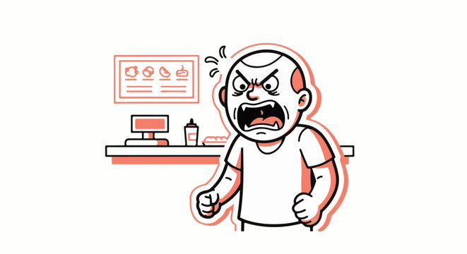 Frustrated cartoon character screaming at computer setup.