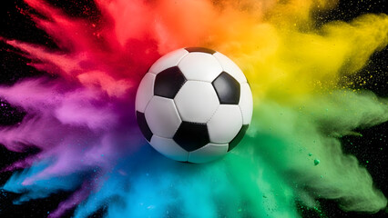 Fototapeta premium Vibrant colored powder explodes around a soccer ball on a dark background