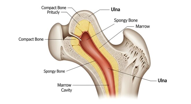 Cross‑Sectional Anatomy of Human Long Bone Showing Compact Bone Cortex, Spongy Cancellous Bone, Marrow Cavity and Internal Trabecular Structure Near the Joint Surface for Orthopedic, Physiology and Os
