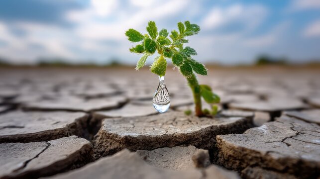 Resilient Plant Overcoming Drought with a Water Droplet Clinging to a Leaf on Dry, Cracked Soil Under a Bright Blue Sky