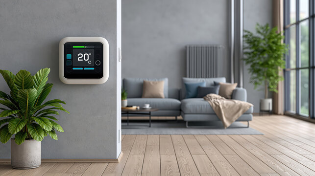 Smart thermostat smart home digital thermostat thermostat wall temperature display living room home interior modern control panel Gray wall