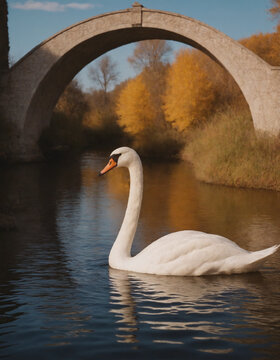 Elegant white swan swimming on calm lake water near ancient stone bridge, nature photography.