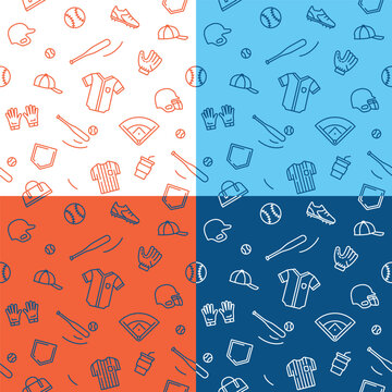 Baseball and softball seamless pattern linear outline style bundle set background vector illustration