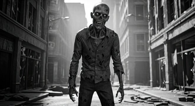 Black and white zombie walking in derelict city alley.