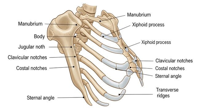 Oblique View Human Sternum and Anterior Ribs Anatomy Diagram Showing Manubrium, Body, Xiphoid Process, Costal Cartilages, Clavicular and Costal Notches, Sternal Angle and Transverse Ridges for Thoraci