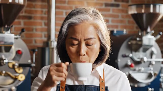 Senior woman barista smelling and drinking fresh hot coffee in a coffee shop. Expert artisan enjoying aroma of roasted morning brew in a professional roastery