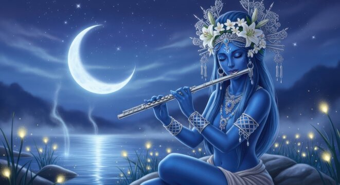 Mystical woman playing flute under moonlight with stars