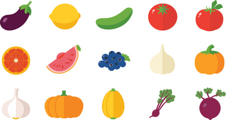 Obraz premium Fresh Fruits and Vegetables Collection Featuring Eggplant Lemon Cucumber Tomatoes Orange Watermelon Grapes Garlic Pumpkin and Beetroot Vector Illustration