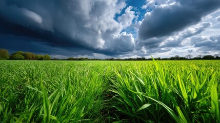 Obraz premium Lush Green Grass Field Under Dramatic Stormy Clouds with Vibrant Blue Sky and Dark Weather Patterns Creating a Breathtaking Landscape Scene Ideal for Nature Photography