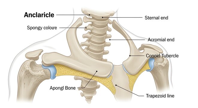 Detailed Human Clavicle and Shoulder Girdle Anatomy Illustration Showing Sternal End, Acromial End, Conoid Tubercle and Trapezoid Line with Articulations to Scapula and Sternum for Medical and Osteolo