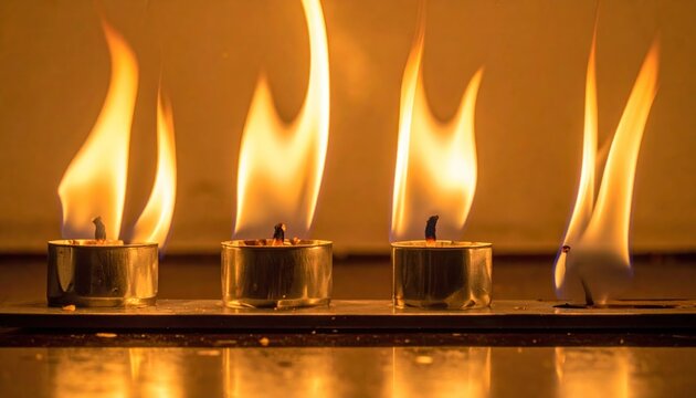 Four small candle flames dance brightly, casting warm glow against a muted background