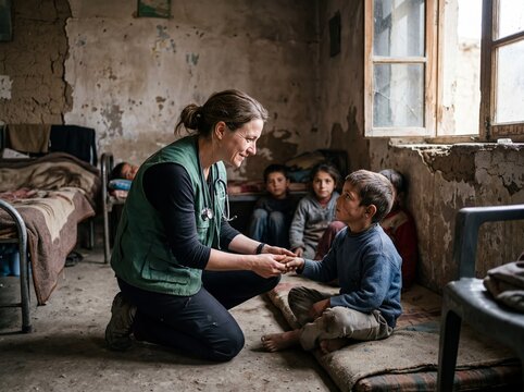 Woman kneels, offering help to a child in a modest room